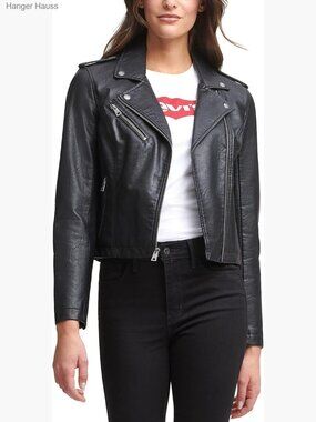 Classic Faux Leather Moto Jacket, Long Sleeve, Asymmetrical Zip, Plus Size
